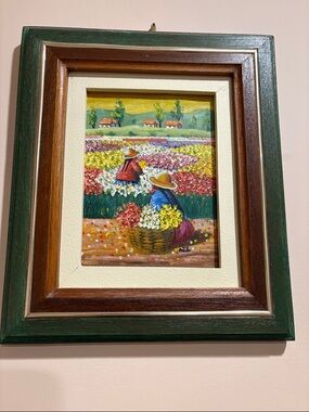 Vintage Framed Floral Field Painting - Green & Brown Frame